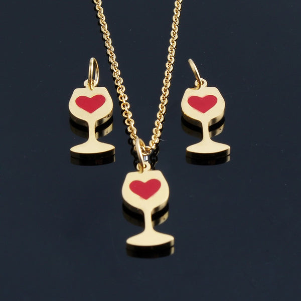 Wine Love Necklace & Earrings Stainless Steel Red Enamel Heart Jewelry Set